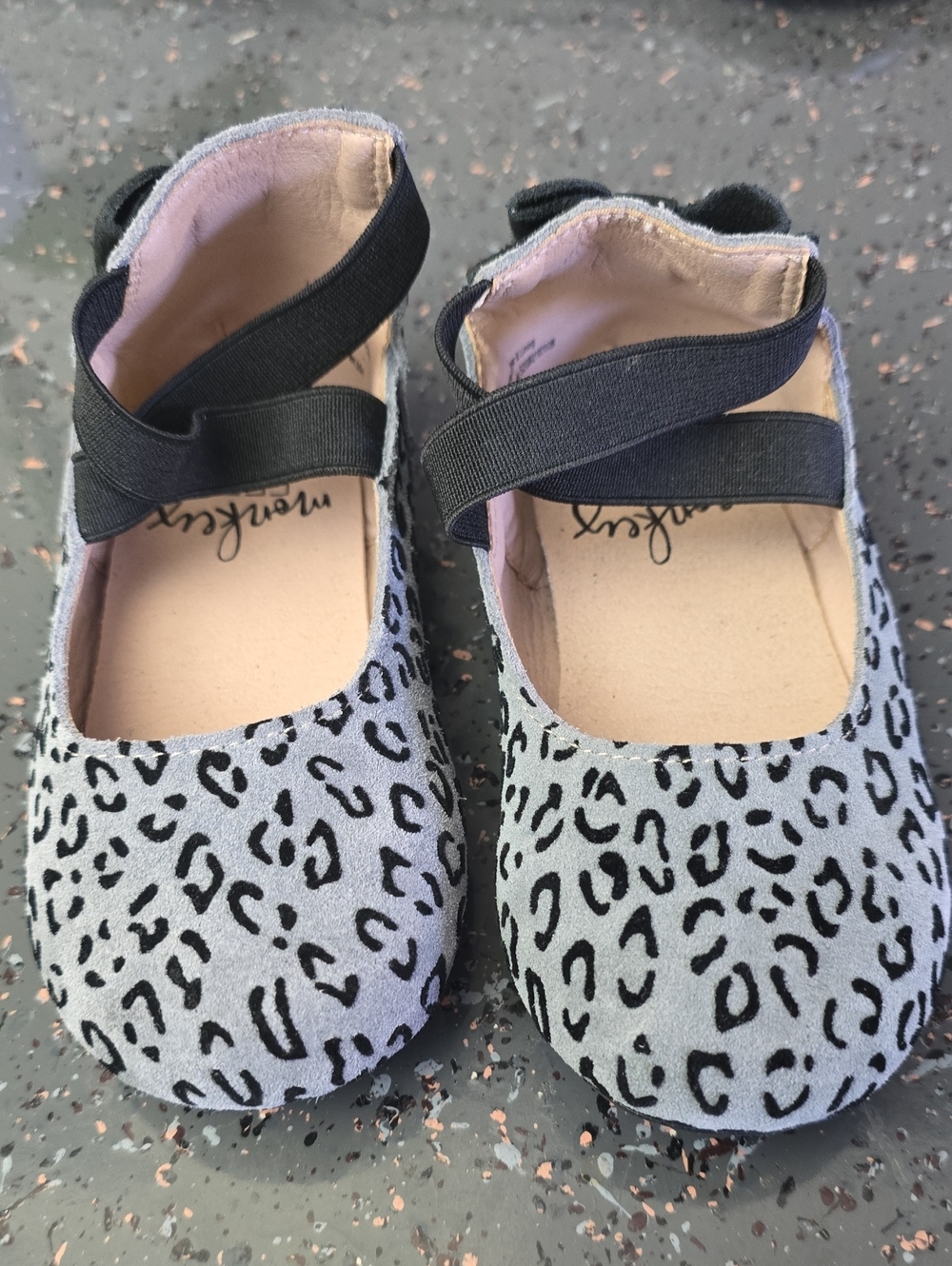 Monkey Feet Grey Leopard Mary Jane Flats with Black Strap